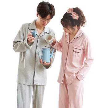 Rudenį Pora Pižama Moterų Grynos Medvilnės Glaudžiai Siro Korėjos Cardigan Atvartas Paprasta Vyrų Namuose Nešioti Iš Dviejų Dalių, Sleepwear