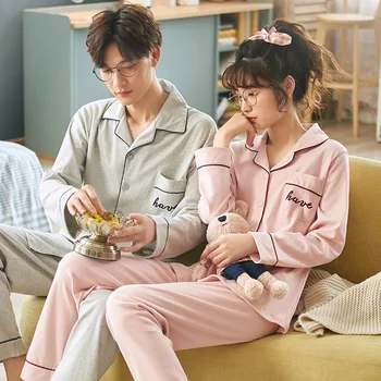 Rudenį Pora Pižama Moterų Grynos Medvilnės Glaudžiai Siro Korėjos Cardigan Atvartas Paprasta Vyrų Namuose Nešioti Iš Dviejų Dalių, Sleepwear