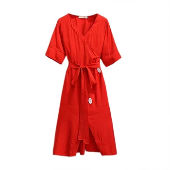 Vasaros Suknelės Atsitiktinis Raudona V-Kaklo trumpomis Rankovėmis Varčias Prarasti Juosmens Mygtuką Derliaus Plius Dydis Suknelės Moterims 4XL 5XL 6XL