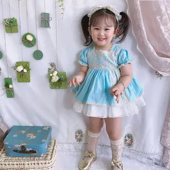 Vasarą Naujasis ispanijos Lolita Derliaus princesė dress baby girl drabužiai Nėrinių susiuvimo mielas suknelė mergaitėms Gimtadienio Y3046