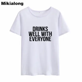 Mikialong Gėrimų su visais Juokingi Marškinėliai Femme Viršuje Vasaros 2018 Pagrindinio Atspausdintas T-shirt Moterims, Medvilnės Juoda Camisetas Mujer