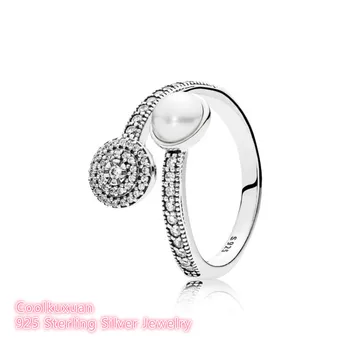 White Crystal Pearl ir Aiškiai CZ Mados Žiedai 925 Sterlingas Sidabro Šviesos Spindesio Sužadėtuvių Atidaryti Papuošalai, Žiedai Moterims