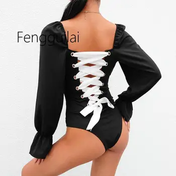 Lol STILIAUS Seksualus Backless Panelled Nėrinių Aikštėje Apykaklės Lolita Stiliaus Bodysuits Moterų 2020 M. Ilgio Rankovėmis Varpo Atvira Tarpkojo Bodysuit