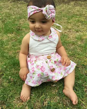 2018 naujas vasaros mielas kūdikių drabužiai Gėlių spausdinti Kūdikių Mergaičių Komplektus nustatyti Kūdikio apynasrio bodysuit Viršuje, Sijonas Apranga 3PCS Drabužių Rinkinys