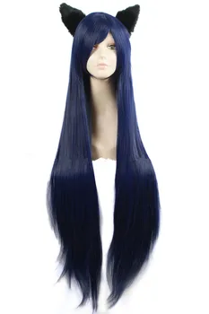 100cm Devynių Uodegų Demon Fox ilgai tamsiai mėlyna plaukų fox plaukų cosplay tamsiai mėlyna ilgi tiesūs plaukai, galvos dėvėti helovinas