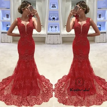 Paprastas Elegantiškas Nėrinių Vakarą Dresess 2019 V-kaklo, Rankovių Undinė Raudona Prom Dress