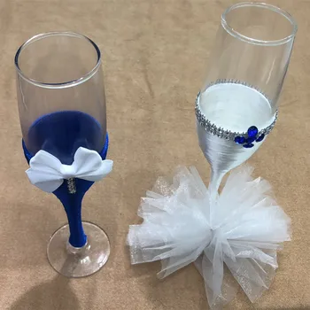 Naujausia 1 pora mėlynos ir baltos bowknot vestuvių vyno taurės Vestuvių Nuotakos Dušas Dovana vestuvių Šampanas Skrudinimas Akiniai Nustatyti