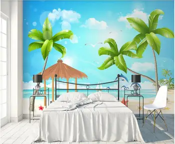Custom freska ant sienos popierinės 3 d Animacinių filmų modernus pajūrio kokoso medžio delfinų namų dekoro foto Tapetai kambarį