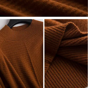 Naujas apvalios kaklo megztinis megztinis prarasti pusę didelės apykaklės vientisos spalvos, žemiausią megztinis marškinėliai atsitiktinis laukinių megztinis moteriški drabužiai