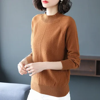 Naujas apvalios kaklo megztinis megztinis prarasti pusę didelės apykaklės vientisos spalvos, žemiausią megztinis marškinėliai atsitiktinis laukinių megztinis moteriški drabužiai
