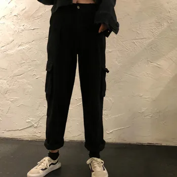 Moterų Kelnės Prašmatnus BF Streetwear Kišenės Krovinių Kelnės korėjos Stiliaus Laisvalaikio Tiesiai Negabaritinių Harajuku Ulzzang Dienos Aukštos Juosmens