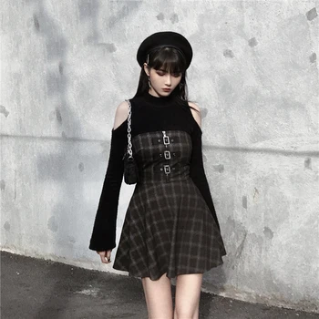 2020 Harajuku Punk Moterų Juodas Pilkas Pledas Mini Suknelės Gotikos Vestidos Rankovių Streetwear Merginos Rankovių Hip-Hop Jurken