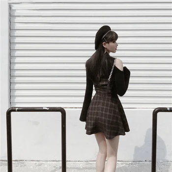 2020 Harajuku Punk Moterų Juodas Pilkas Pledas Mini Suknelės Gotikos Vestidos Rankovių Streetwear Merginos Rankovių Hip-Hop Jurken