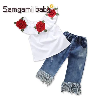 SAMGAMI KŪDIKIŲ Vaikai Mergina Drabužių, Siuvinėtų Gėlių Viršūnes+džinsai Elastinga Juosmens Kutai Kelnes 2vnt Bamblys Mergaičių Vasaros Clothing1-5Y