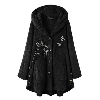 Žiemos striukė moterims, paltai ir striukės, paltai moterims mielas jaukus vilnos Mygtuką katė siuvinėjimo spausdinti kailis hoodies drabužius pliušinis striukė