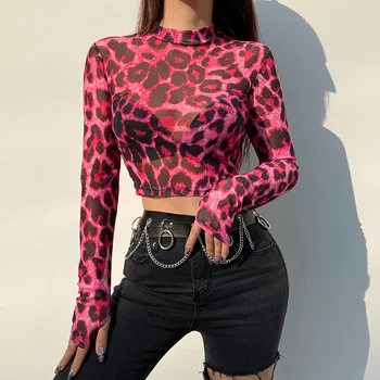 Matyti Per Seksualus E Mergina Akių Viršūnes Moterims Vasaros 2021 Y2K Estetinės Pink Leopard Marškinėliai ilgomis Rankovėmis Apkarpytos 90s Tees