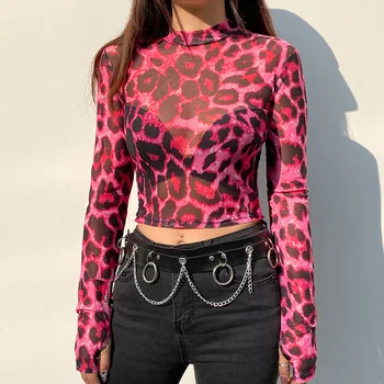 Matyti Per Seksualus E Mergina Akių Viršūnes Moterims Vasaros 2021 Y2K Estetinės Pink Leopard Marškinėliai ilgomis Rankovėmis Apkarpytos 90s Tees