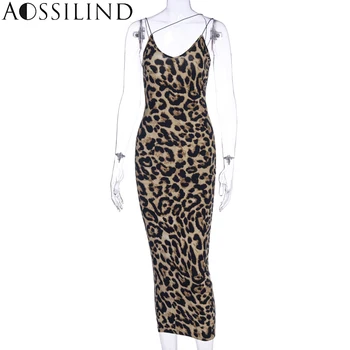 AOSSILIND Leopardas spausdinti rankovių V-kaklo, seksualus midi suknelė 2020 m. pavasarį, vasarą moterys spageti dirželis bodycon šalies klubas ilga suknelė