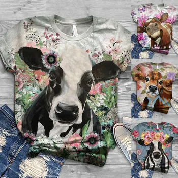 Marškinėliai Moterims Harajuku Viršūnes 2020 Plius Dydis Moterų trumpomis Rankovėmis 3D Karvė Spausdinti O-Kaklo T-Shirt Camisetas Mujer Marškinėlius Moterims футболка