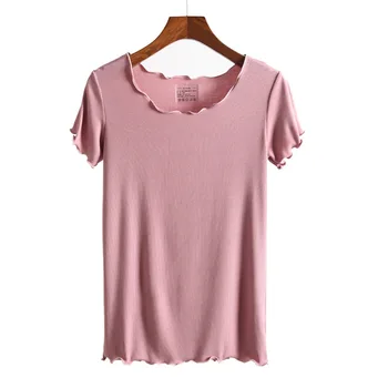 Vientisos Spalvos Marškinėliai Moterims Vasarą Tinka Universalus Viršų Plonas Pusė Rankovės Modalinis Bazės Marškinėliai Su Mediniais Ausies Krašto trumpomis Rankovėmis T-Shirt