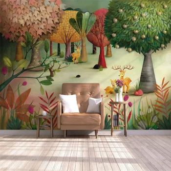 Custom 3D tapetai, freskos šiuolaikinės ranka-dažytos pasakos miško briedžių, elnių, sodo, vaikų kambario sienos fone