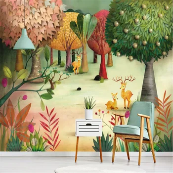 Custom 3D tapetai, freskos šiuolaikinės ranka-dažytos pasakos miško briedžių, elnių, sodo, vaikų kambario sienos fone