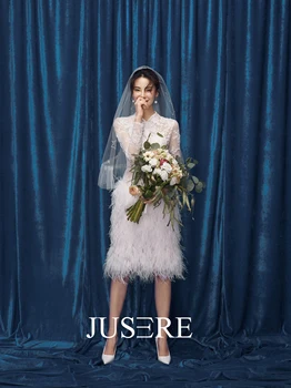 JUSERE Dramblio kaulo Trumpas Aukštos NeckWedding Suknelė-Line ilgomis rankovėmis vestido de noiva Nėrinių Vestuvinės Suknelės hauta couture 2019