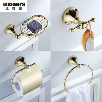 Nemokamas pristatymas,Biggers paauksuoti vonios kambarys aparatūros komplektas 4pcs Europos vario, popieriaus laikiklį, chalatas, kablys rankšluosčių žiedas muilo laikiklis