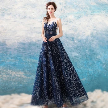 Naujas 2019 Vakaro Suknelė Elegantiškas Banketų Tamsiai Mėlyna Nėrinių Appliques Grindų ilgio Ilgai Šaliai Oficialų Suknelė plius dydžio Drabužius De Soiree