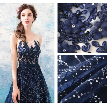 Naujas 2019 Vakaro Suknelė Elegantiškas Banketų Tamsiai Mėlyna Nėrinių Appliques Grindų ilgio Ilgai Šaliai Oficialų Suknelė plius dydžio Drabužius De Soiree