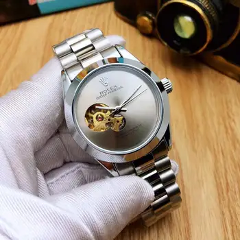 Rolex - Mados Prekės ženklo Automatinė Mechaniniai Laikrodžiai vyriški Vandeniui Skeletas Riešo Žiūrėti Su moterimis, vyrai Odinis dirželis 008