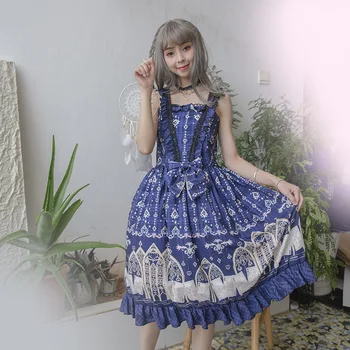 VOOCIEC Kawaii Lolita dress Blue black soft sesuo vestido lolita spausdinti suspender sijonas, suknelė, nauja Japonų saldus princesė suknelė