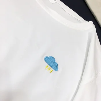 2019 siuvinėti marškinėliai išsiuvinėti trumpas rankovėmis apvalios kaklo marškinėliai krūtinės išsiuvinėti mielas gėlių mados modelis