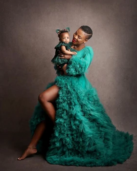 Elegantiška Žalia Tiulio Motinystės Suknelės Plius Dydžio Nuotrauką Šaudyti Ilgomis Rankovėmis, Priekyje Plyšio Raukiniai Papildomų Reljefiniai Nėštumo Suknelė