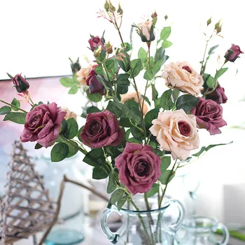 3 galvutės/puokštė šilko arbata, rožių aukštos qualit dirbtinių gėlių vestuvių gėlių puokštė dekoratyvinis namų kambario apdaila