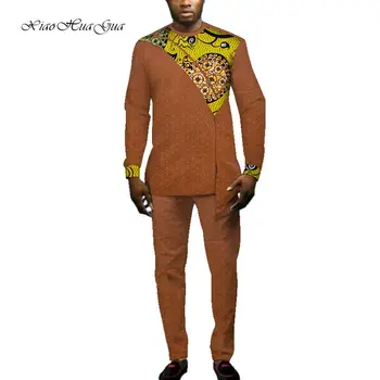 Vyrai Afrikos Komplektai 2 Vnt. Rinkinys ilgomis Rankovėmis Dashiki Marškinėliai ir Kelnės Nustatyti Afrikos Spausdinti Drabužių Kratinys Medvilnės Vyrų Kostiumai WYN693