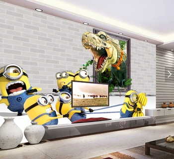 Custom animation sienų dangos, geltona vyras & dinozaurų animacinių filmų freskos už vaikų kambaryje kambarį miegamojo sienos fone
