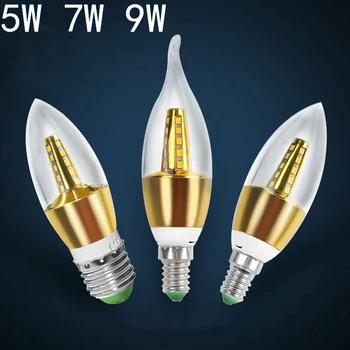 YANGHANG LED E14 Lemputė 5W 220V 9W 7W Aukso, Sidabro Aliuminio Žvakė, Lempa, Šviesos Kristalų Liustra nemokamas pristatymas
