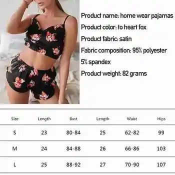 Dviejų Dalių Rinkinys Sexy Pijamas Animales Modelio Moteriški Pj Rinkiniai, Be Rankovių Su V Kaklo Pasėlių Viršuje Korsetas Satino Pižama Šortai Moterims