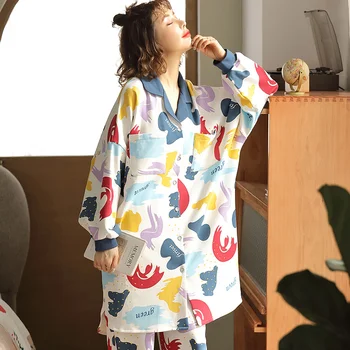 Nauja Rudens Pižama Moterims, Ilgai Sleepwear Kostiumas Medvilnės Pižamos ilgomis Rankovėmis Turn-žemyn Apykaklės naktiniai drabužiai Plius Dydis M-3XL Pyjama