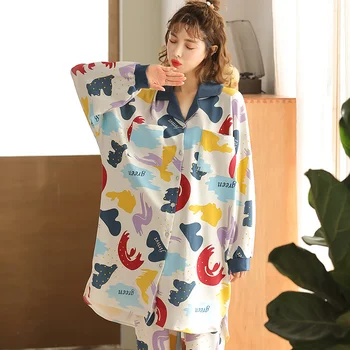 Nauja Rudens Pižama Moterims, Ilgai Sleepwear Kostiumas Medvilnės Pižamos ilgomis Rankovėmis Turn-žemyn Apykaklės naktiniai drabužiai Plius Dydis M-3XL Pyjama