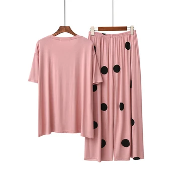 Pižama moterų vasaros modalinis plonas trumparankoviai kelnės ruožas kietas namų paslauga atitiktų dot atsitiktinis Naktį nustatyti rožinės spalvos Pižamą