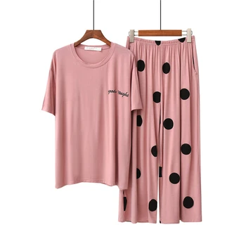Pižama moterų vasaros modalinis plonas trumparankoviai kelnės ruožas kietas namų paslauga atitiktų dot atsitiktinis Naktį nustatyti rožinės spalvos Pižamą