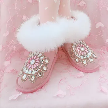 2019 modelių rankų darbo prabangūs blizgančiais cirkonio fox fur short oda moterų medvilnės sniego batai batai batai