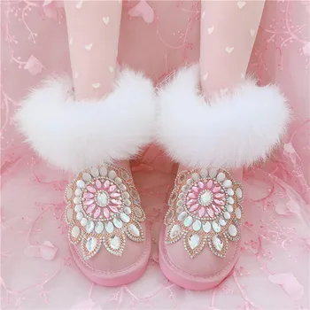 2019 modelių rankų darbo prabangūs blizgančiais cirkonio fox fur short oda moterų medvilnės sniego batai batai batai