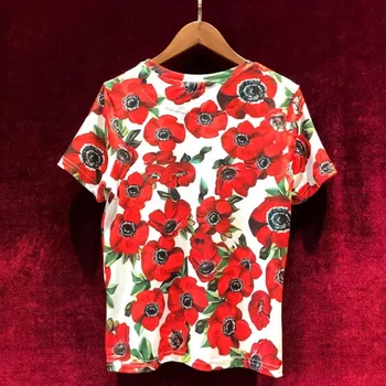 2021 Naujas Vasaros Aukštos Kokybės Moterų Medvilnės Gėlių Spausdinti trumpomis Rankovėmis T-shirt, Derliaus Atsitiktinis Duobute Elegantiškas Ponios Tees Viršūnės