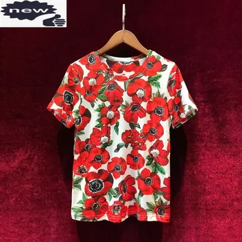 2021 Naujas Vasaros Aukštos Kokybės Moterų Medvilnės Gėlių Spausdinti trumpomis Rankovėmis T-shirt, Derliaus Atsitiktinis Duobute Elegantiškas Ponios Tees Viršūnės
