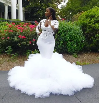 Afrikos Undinė Vestuvių Suknelės, Raukiniai 3D Nėrinių Appliques Vestuvių Suknelė Iliuzija ilgomis Rankovėmis Vestuvinės Suknelės vestidos de mariee