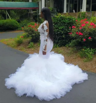 Afrikos Undinė Vestuvių Suknelės, Raukiniai 3D Nėrinių Appliques Vestuvių Suknelė Iliuzija ilgomis Rankovėmis Vestuvinės Suknelės vestidos de mariee