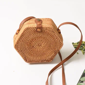Rotango-megzti Drugelis Bauthorne krepšelį vintage meno rankų šešiakampe maišelį austi maišas PU diržas